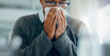 © Lensburg/peopleimages.com - Man, sick and sneezing with tissue in hand, healthcare and influenza cold or covid virus for wellness risk in office. Sinus symptoms, allergy problem and seasonal change, hay fever and unwell person