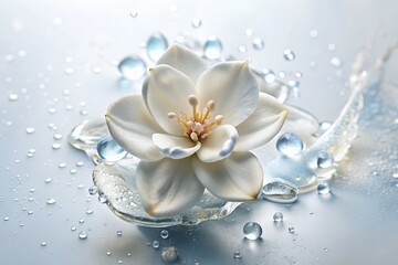 Wall Mural - AI generated illustration of a shot of flowers drops on jasmine petals on a white surface