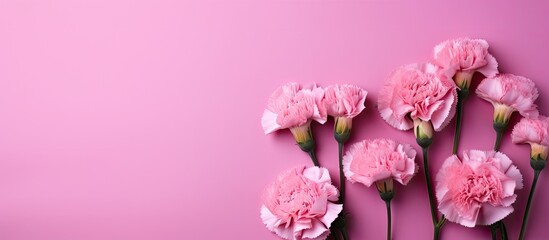 Wall Mural - Close up of beautiful tender baby pink carnations on a bright pink background perfect for a Mother s Day thank you design concept The image features a top view with a flat lay and copy space A mock u