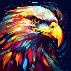 A colorful painting of an eagle with a yellow beak and a blue eye