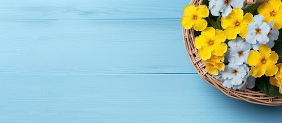 Poster - Top view of a wicker basket filled with lovely primula primrose flowers resting on a light blue wooden table The arrangement offers ample copy space for text creating a perfect display for the vibran
