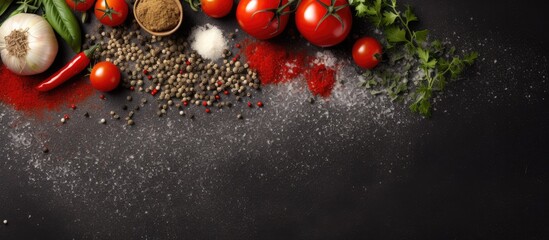 Wall Mural - Ingredients for cooking cherry tomatoes salt spices and herbs on a dark concrete background. copy space available