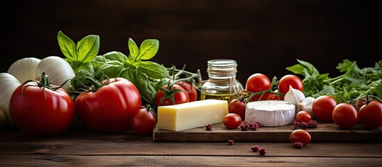 Wall Mural - The ingredients for a delicious salad cheese tomatoes cucumbers and basil are beautifully arranged on a wooden board in this copy space image