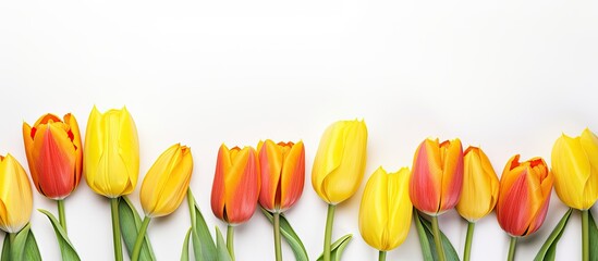 Poster - Yellow and orange tulips on white background Spring holiday Women s Day or Mother s Day concept Banner flat lay top view copy space