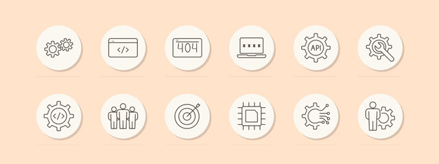 Web development set icon. Gears, coding, error 404, API, password, target, chip, teamwork. Software, programming, internet concept. Vector line icons on beige background.