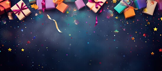 Poster - Top view of colored background with gifts confetti and party accessories ideal for copy space image