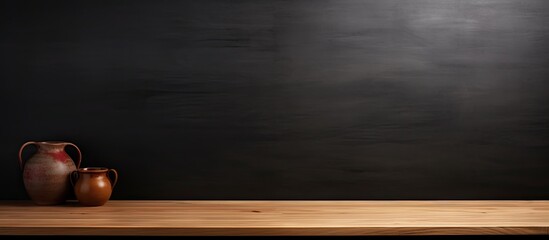 Aufkleber - There is a contemporary wooden table positioned near a black wall providing ample space for adding images or text
