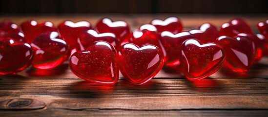 Aufkleber - Valentine s Day concept with copy space image displaying red jelly hearts on a wooden background