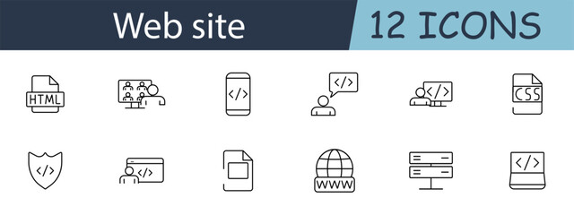Website set icon. HTML, group, coding, shield, globe, server, mobile. Web development, programming, online security, internet technology concept.