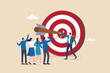 © Nuthawut - Company target achievement, business goal or objective to achieve, team strategy, leadership development, aiming for winning goal concept, businessman point arrow bullseye target to team colleagues.