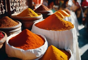 Poster - AI generated illustration of a vibrant display of colorful spices in bags at a market