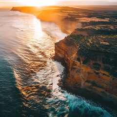 Wall Mural - AI generated illustration of sunrise over coastal cliffs