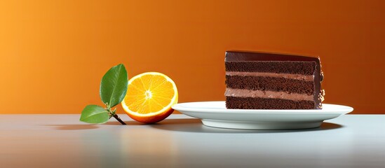 Wall Mural - There is a copy space image of a piece of chocolate cake and an orange on a plate against a table background