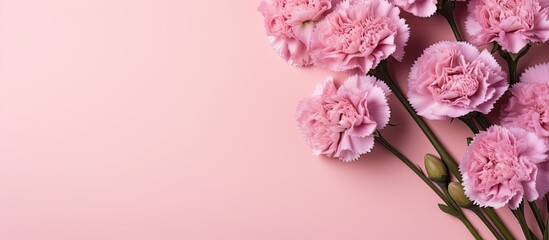 Aufkleber - Close up of beautiful tender baby pink carnations on a bright pink background perfect for a Mother s Day thank you design concept The image features a top view with a flat lay and copy space A mock u