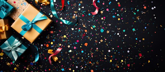 Poster - Top view of colored background with gifts confetti and party accessories ideal for copy space image