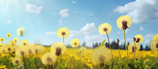 Wall Mural - In the summertime a beautiful scene unfolds as dandelions burst into vibrant yellow blooms filling the surroundings with natural beauty A copy space image would capture this picturesque sight
