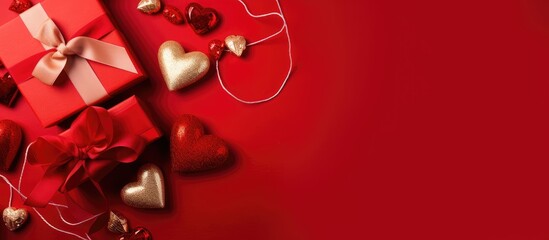 Poster - Top view of a festive composition with a copy space image showcasing various occasions including Valentine s Day Christmas birthdays and weddings It features a gift on a red background perfect for ce