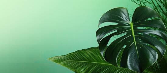Poster - Exotic tours to tropical destinations with a concept of tropical beach travel featuring a large monstera leaf isolated on a green background illuminated by sunlight and shadows Copy space image for d
