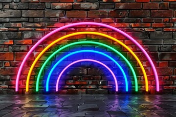 Sticker - Bright neon rainbow on a brick wall background, illuminating the scene with vibrant colors, perfect for urban and contemporary art projects 