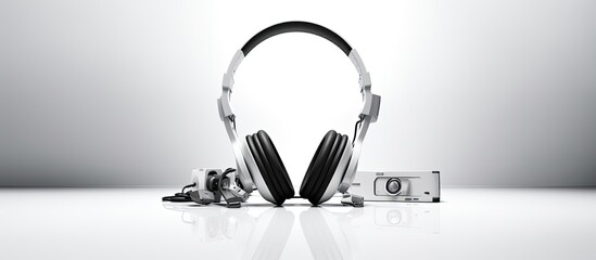 black headphones and computer on white background with copy space