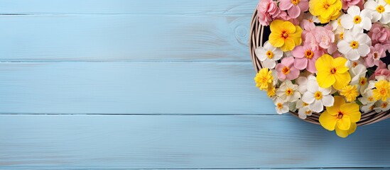 Poster - Top view of a wicker basket filled with lovely primula primrose flowers resting on a light blue wooden table The arrangement offers ample copy space for text creating a perfect display for the vibran