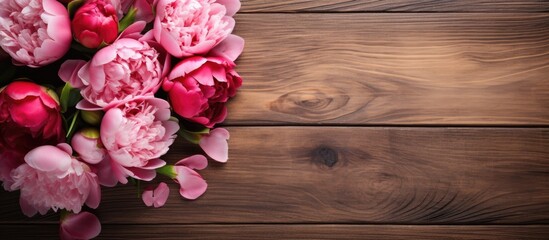 Canvas Print - Valentine s Day background featuring hearts and a bouquet of peonies on a wooden board with copy space image