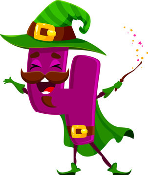 Cartoon Halloween math number four wizard character. School math number sorcerer childish mascot, mathematics 4 digit warlock or numeric symbol mage isolated vector happy personage with magic wand
