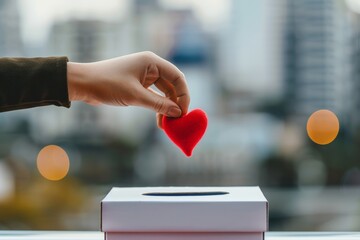 Close up of a hand putting a red heart in a white ballot box with a blurred city background