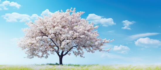 Aufkleber - Copy space image of cherry blossom tree with white flowers blooming against a vibrant blue sky backdrop