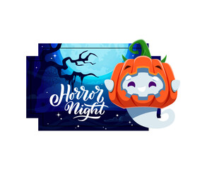 Wall Mural - Halloween holiday sticker with funny kawaii ghost character wear pumpkin, radiating cuteness with its adorable smiling face. Isolated vector horror night badge with cute spook, moon, and web on tree