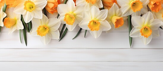 Aufkleber - Light yellow daffodils contrast beautifully against a white wooden background in this captivating copy space image