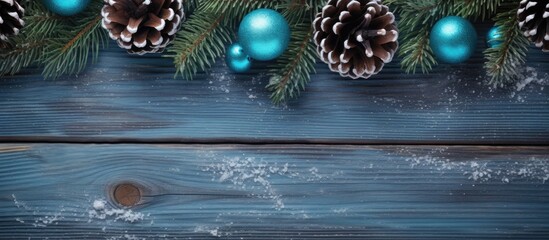 Aufkleber - The blue wooden background is adorned with a fur tree branch cones Christmas balls and a snowy appearance creating a Christmas decorative background There is a copy space image available
