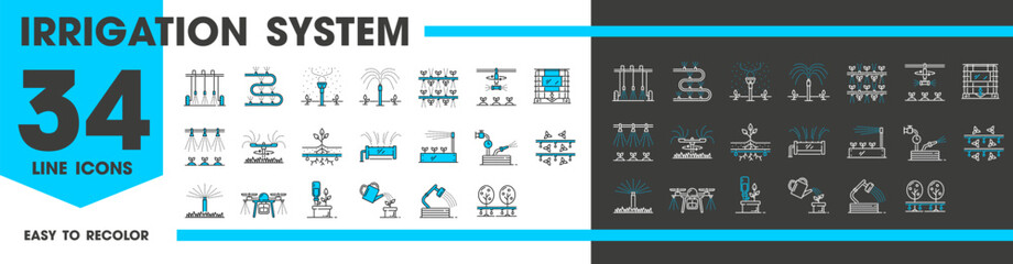 Drip water irrigation system line icons of garden and farm field sprinklers, vector irrigate technology. Irrigation system icons of watering pipe hose and spray sprinkler for agriculture and farming