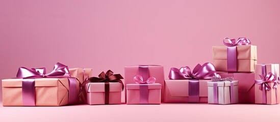Fototapete - Gift boxes adorned with festive wrappings arranged in anticipation of celebratory occasions like Christmas birthdays set atop a pink background offering ample copy space for customization