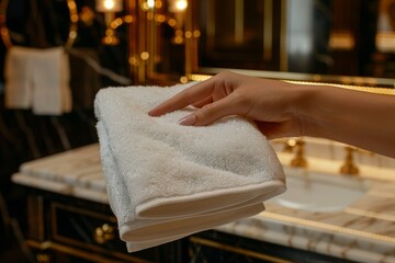 Wall Mural - Close up of a hotel housekeeper's hands holding white towels in the bathroom, luxury interior design