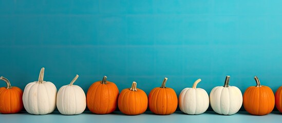 Wall Mural - Copy space image of white and orange pumpkins aligned on a vibrant orange and aqua blue backdrop