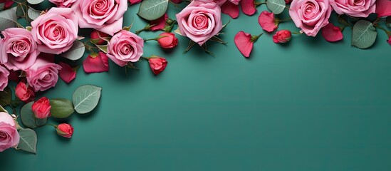 Leinwandbilder - Top view copy space image of a festive background adorned with pink roses over a green backdrop ideal for Valentine s Day birthdays weddings or any other joyous occasion