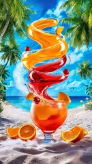 Spiral Juice Pouring into Glass on Sunny Beach with Palm Leaves