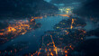 © HNXS Digital Art - Overhead Aerial Drone Night Shot of City Street Lights Illuminating Lugano, Switzerland by the Lake