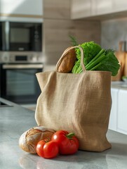 Wall Mural - AI generated illustration of a burlap reusable shopping bag filled with fresh bread and vegetables