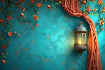 Arabic lantern with flowers on teal blue background with copy space. Islamic religion, Muslim concept. Ramadan Kareem, Hari Raya, Eid Mubarak, Eid al Adha. Template for greeting card, banner, poster