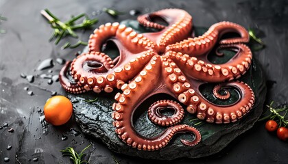 Exquisite Octopus Delicacy: A Stunning Photo on a Stone Board Against a Dark Background