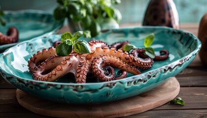 Wall Mural - Sicilian Delight: Fresh Octopus Tentacles Served in a Turquoise Dish