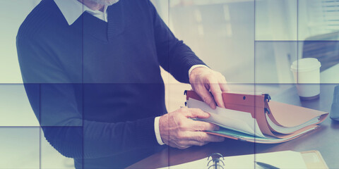 Wall Mural - Businessman looking for document in folder, geometric pattern