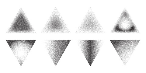 Abstract black stipple gradient halftone triangle textures isolated on a white background. Geometric noise triangle patterns are made of simple dots and grains. Vector illustration