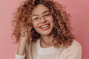 With a radiant curly hairstyle and glasses, a smiling woman against a pink background exudes positivity and joy.