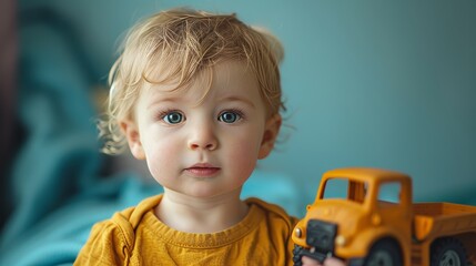 A small child, carrying a toy truck