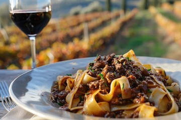 Wall Mural - Gourmet Delight in Tuscany: Tagliatelle al Ragu Served at a Rustic Vineyard Trattoria, Offering a Flavorful Taste of Italian Heritage.