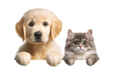 Wall Mural - Adorable golden retriever puppy and fluffy Maine Coon kitten peeking, isolated on transparent background