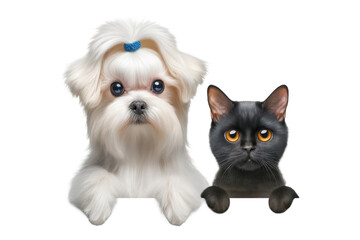 Wall Mural - Maltese puppy and black kitten peeking, isolated on transparent background